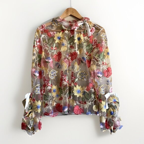 Impulsive Sheer Long Sleeve Embroidered Floral Top‎ Women's Large - Picture 1 of 7